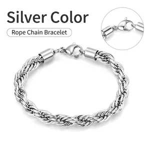 Classic silver-toned titanium steel rope chain bracelet with secure lobster clasp detail