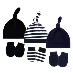 Set de gorro con nudo y manoplas arañazos para bebé en negro, rayas y azul marino