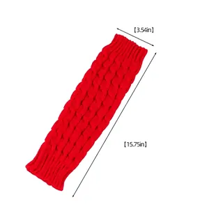 Detailed view of red cable knit leg warmers with 40cm length dimension for winter