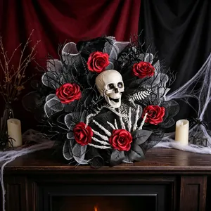 Couronne Halloween Gothique Crâne Rose Rouge Main Squelette Corbeau Décoration Porte Fête Horreur Filet Plastique Polyester