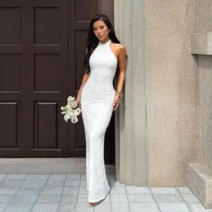Women Halter Maxi Dress Sexy Backless Textured Pleated Fabric Elegant Evening Party Vacation Sleeveless Long Skirt White