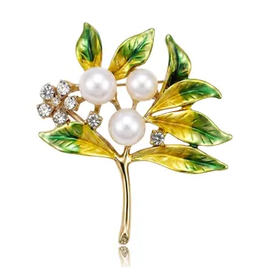 Elegant Alloy Enamel Plant Leaf Brooch With Faux Artificial Pearl Rhinestone Gradient Flower Pin For Women Suit Decoration