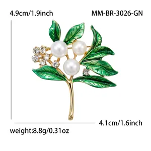 Exquisite green enamel tree branch brooch with pearls and rhinestones decoration