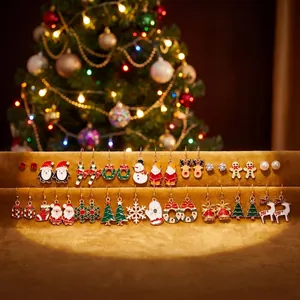 Selection of colorful Christmas-themed enamel earrings on a velvet display stand