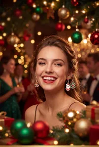 Close-up of a smiling woman wearing festive cartoon enamel Santa and snowflake earrings