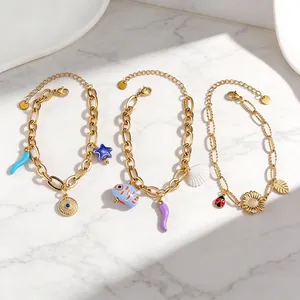 Bracelet à Breloques en Céramique et Acier Inoxydable Bohème pour Femmes Pendentif Fleur et Animal Marin Vintage Bijoux de Mode Plaqués Or Chaîne Réglable