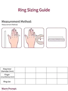Comprehensive ring size guide featuring measurement steps and size conversion table.