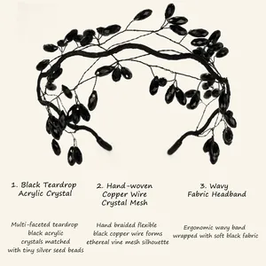 Macro detailed view of hand-woven black crystal headband with teardrop acrylic beads