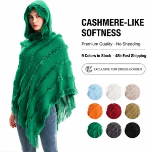 Women Hooded Knit Poncho Shawl Solid Color Acrylic Fringed Tassel Pullover Winter Warm Cloak Cape Outerwear