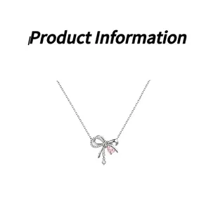 Detail view of elegant silver bowknot necklace with pink pear-shaped zircon stone