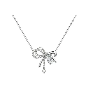Elegant silver bow necklace pendant with sparkling white zircon stones for women