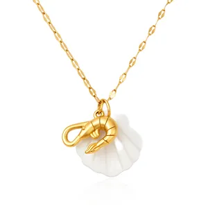 Collier avec pendentif crevette et coquillage en acier inoxydable plaqué or 18 carats