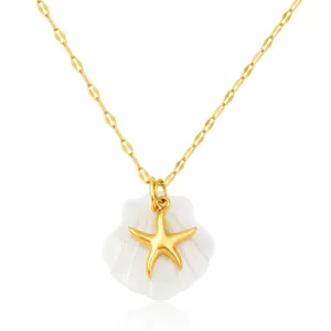 Collier en acier inoxydable plaqué or 18 carats avec pendentif coquillage et étoile de mer