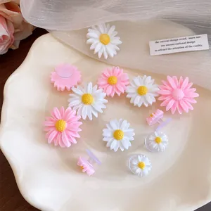 Close-up of sweet pink and white daisy resin charms for hole shoes on a plate