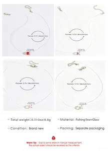 Gedetailleerde specificaties van onzichtbare visdraad ketting met glazen hangers.