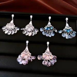 Vintage Fan Shaped Rhinestone Tassel Drop Earrings For Women Luxury Silver Earring Post Glass Crystal Wedding Banquet Jewelry