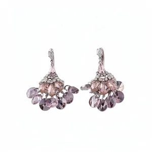 Exquisite vintage fan-shaped chandelier earrings with pink crystals and shiny rhinestones