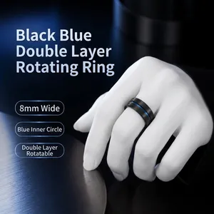 Close-up of 8mm wide black titanium steel spinner ring with blue inner band