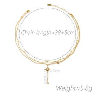 Measurement diagram of a gold double-layer necklace with sun pendant and 38+5cm chain