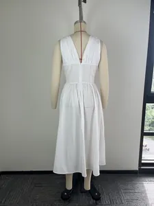 Back view of an elegant white sleeveless long dress with a V-back and gathered waistline