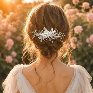 Eleganter handgefertigter Keramik-Blumen-Haarkamm mit Perlen für eine Brautfrisur im Garten
