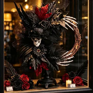 Couronne d'Halloween gothique avec crâne et roses rouges pour décoration murale chic