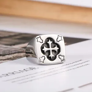 Men's Vintage Stainless Steel Square Signet Ring Engraved Cross Pattern Gothic Punk Religious Fashion Jewelry Ring Accessory
