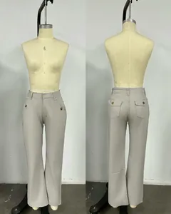 Front and back view of women's high-waisted light gray wide-leg cropped trousers
