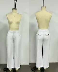 Front and back view of elegant white wide-leg straight denim trousers on a mannequin