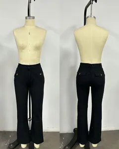 Black high-waisted straight-leg trousers with front buttons and back flap pockets