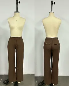 Front and back view of brown high-waisted straight leg trousers on a professional mannequin