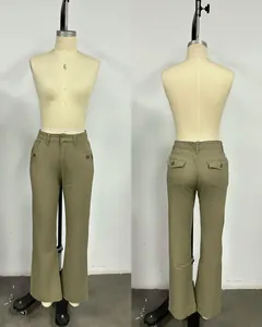 Detail of olive green straight-leg denim trousers showing front and back views.