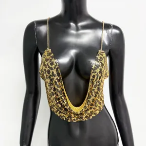 Close-up of leopard print metallic mesh halter top with deep V-neck and chain straps
