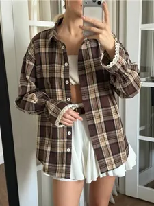 Vintage brown plaid shirt for women with delicate lace cuffs and oversized fit