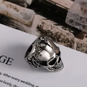 Gothic vintage titanium steel skull ring for men with intricate silver floral engravings