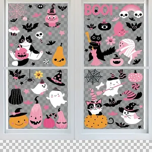 Halloween Window Clings Static Cling Stickers Double Sided Pink Cartoon Pumpkin Ghost Cat Holiday Decoration Decals