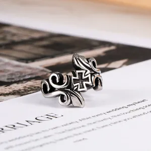 Vintage Gothic Titanium Steel Cross Vine Engraved Ring For Men Women Retro Punk Scrollwork Band Ring Fashion Jewelry Gift