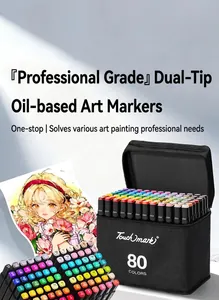 Detail showing 80-color dual tip art marker set in a professional black carrying case