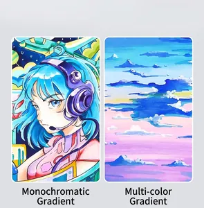 Macro view of professional dual-tip marker color blending effects on anime art and clouds.