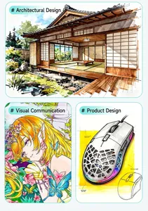 Professional marker drawing examples showing architecture, character art and product design.
