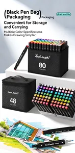 Detail of 48 and 80 color alcohol marker sets with twin tips and black storage bags