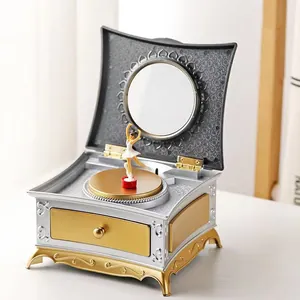 Boîte à musique vintage avec ballerine tournante argent et or, tiroir et miroir inclus