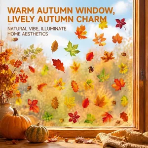 Detailed view of autumn leaf static window stickers with pumpkin and maple leaf patterns