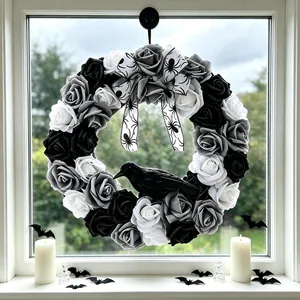 Halloween Artificial Rose Wreath With Black Raven Crow Gothic Door Hanging Decoration Spider Web Ribbon Bow Festive Party Wreath