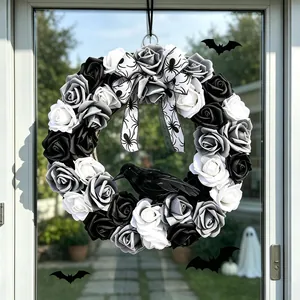 Gothic Halloween door wreath featuring black and white roses, a crow, and spider ribbon.