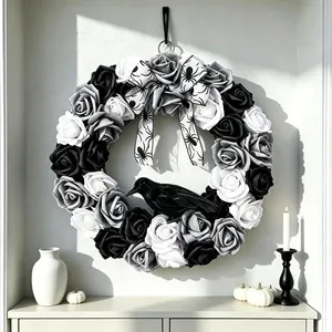 Elegant Halloween wreath featuring black and white artificial roses and a black crow