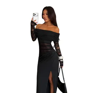 Elegant black off-the-shoulder lace mesh maxi dress with high slit and slim fit design