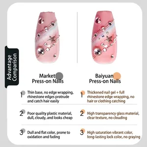 Elegant handmade blush pink press-on nails decorated with star rhinestones and pearls