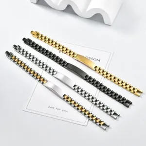 Detail view of titanium steel ID bracelets in gold, black, silver, and two-tone