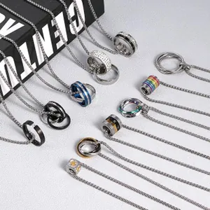 Various men's titanium steel necklaces featuring ring, barrel, and cube pendants